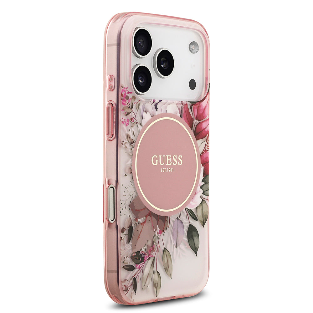 Apple iPhone 17 Pro Max Kılıf Guess M-safe Şarj Özellikli Flower Tonal Circle Çiçek Desenli Kapak Pembe