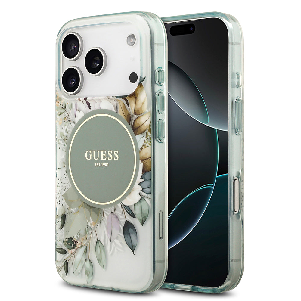 Apple iPhone 17 Pro Max Kılıf Guess M-safe Şarj Özellikli Flower Tonal Circle Çiçek Desenli Kapak Yeşil