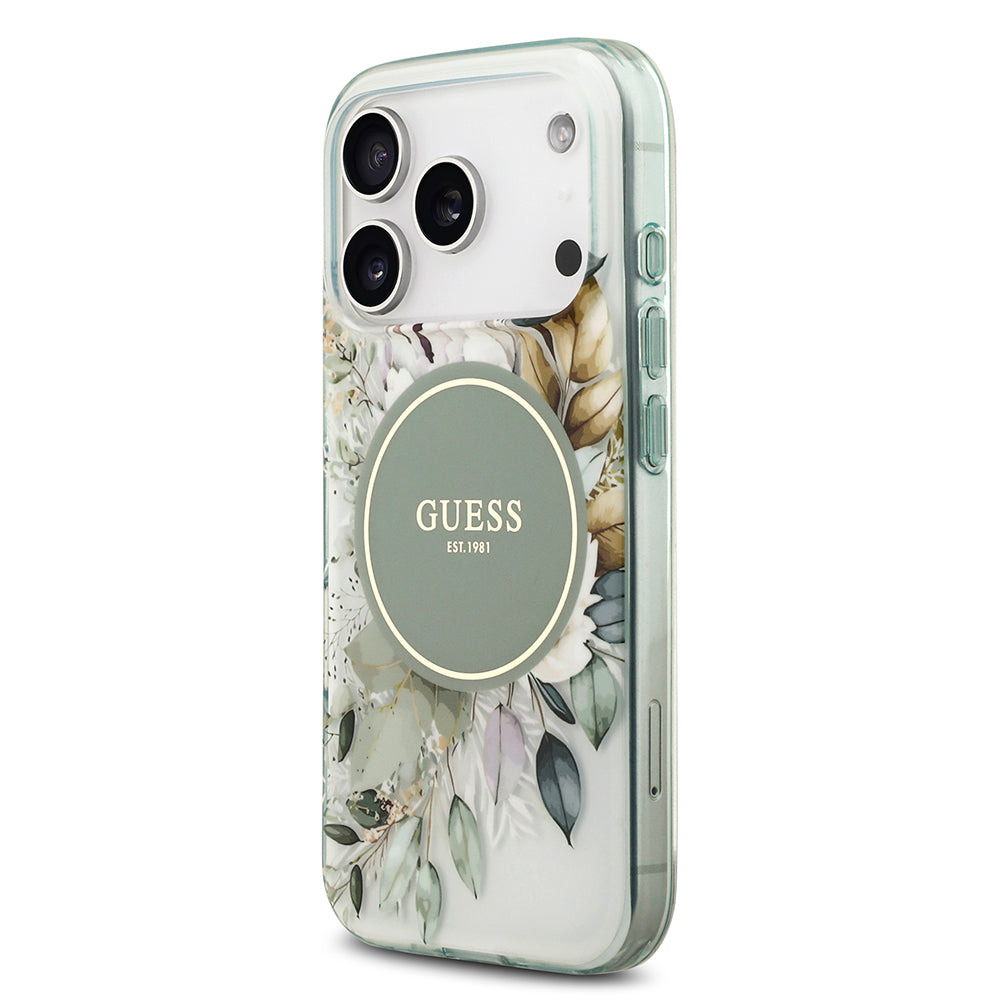 Apple iPhone 17 Pro Max Kılıf Guess M-safe Şarj Özellikli Flower Tonal Circle Çiçek Desenli Kapak Yeşil