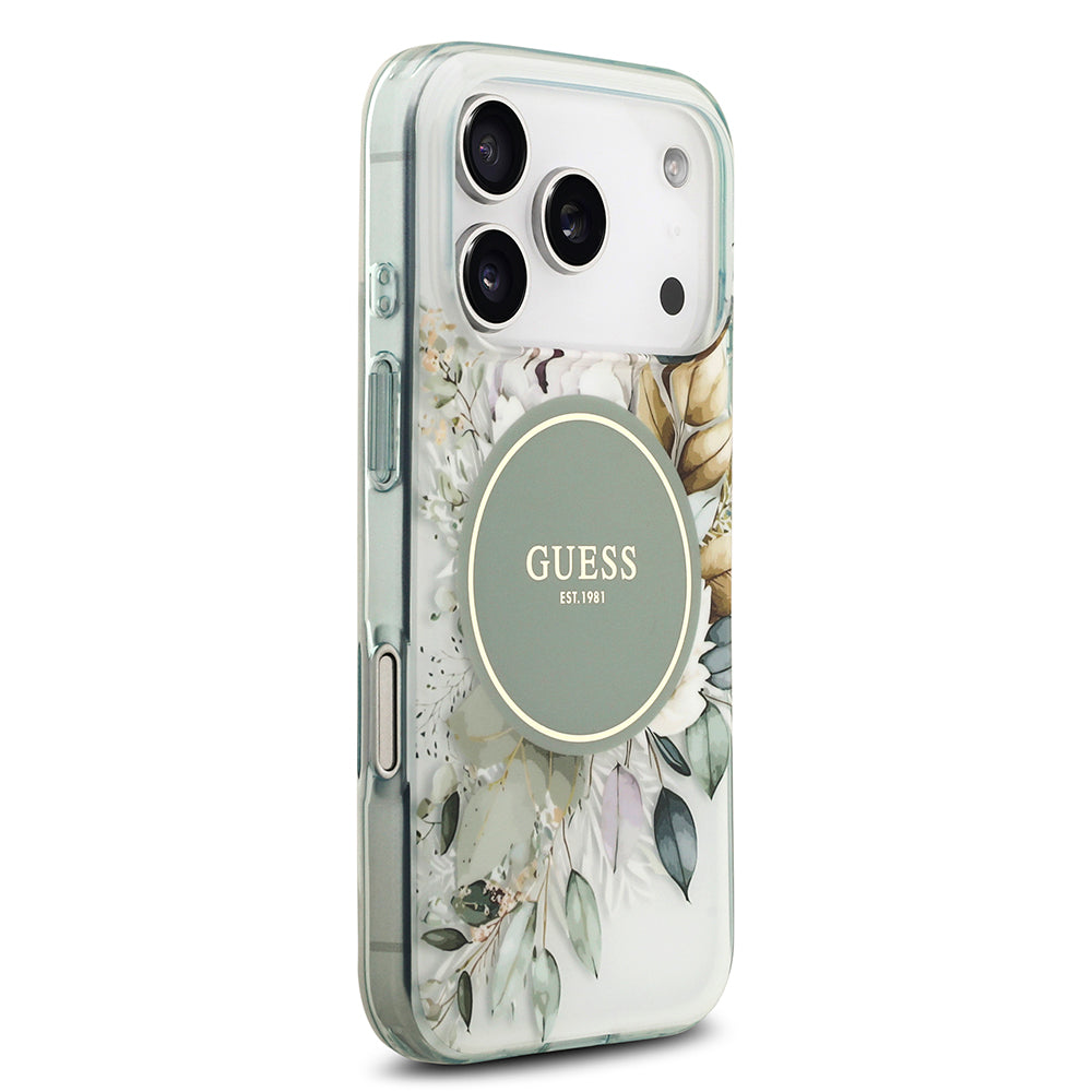 Apple iPhone 17 Pro Max Kılıf Guess M-safe Şarj Özellikli Flower Tonal Circle Çiçek Desenli Kapak Yeşil