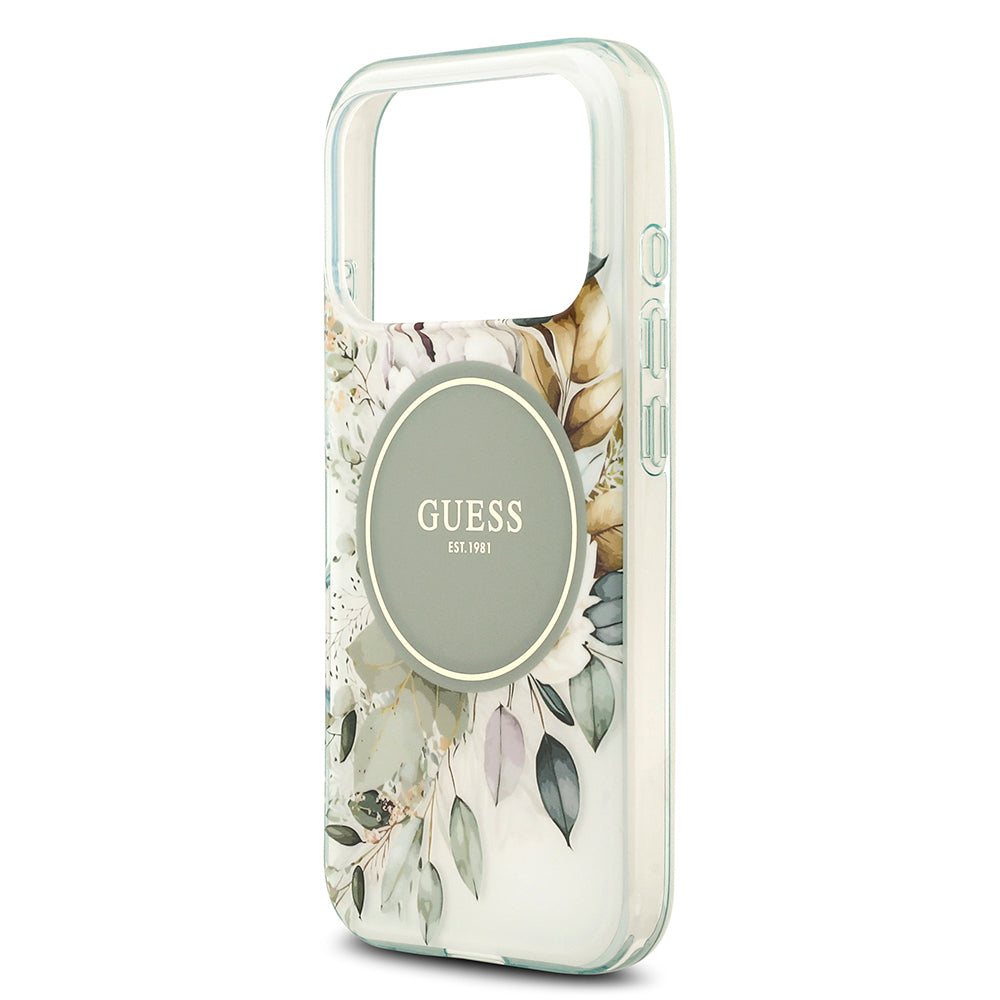 Apple iPhone 17 Pro Max Kılıf Guess M-safe Şarj Özellikli Flower Tonal Circle Çiçek Desenli Kapak Yeşil