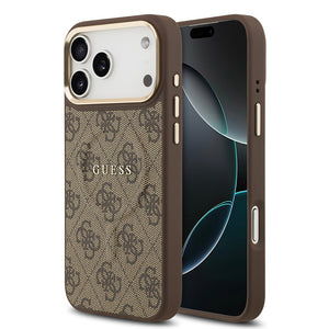 Apple iPhone 17 Pro Max Kılıf Guess M-safe Şarj Özellikli Gold Metal Kamera Çerçeveli PU Deri 4G Desen Yazı Logolu Kapak Kahverengi