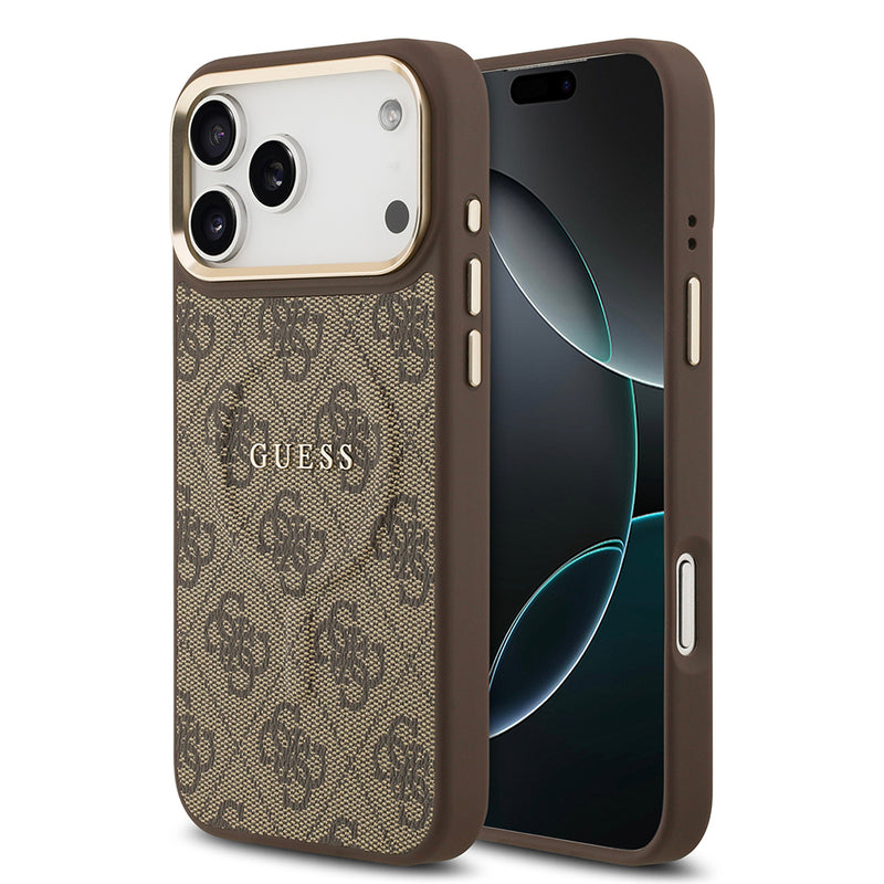 Apple iPhone 17 Pro Max Kılıf Guess M-safe Şarj Özellikli Gold Metal Kamera Çerçeveli PU Deri 4G Desen Yazı Logolu Kapak Kahverengi