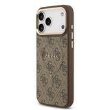 Apple iPhone 17 Pro Max Kılıf Guess M-safe Şarj Özellikli Gold Metal Kamera Çerçeveli PU Deri 4G Desen Yazı Logolu Kapak Kahverengi