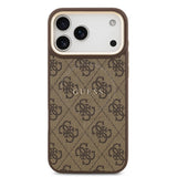 Apple iPhone 17 Pro Max Kılıf Guess M-safe Şarj Özellikli Gold Metal Kamera Çerçeveli PU Deri 4G Desen Yazı Logolu Kapak Kahverengi