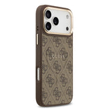 Apple iPhone 17 Pro Max Kılıf Guess M-safe Şarj Özellikli Gold Metal Kamera Çerçeveli PU Deri 4G Desen Yazı Logolu Kapak Kahverengi