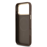 Apple iPhone 17 Pro Max Kılıf Guess M-safe Şarj Özellikli Gold Metal Kamera Çerçeveli PU Deri 4G Desen Yazı Logolu Kapak Kahverengi