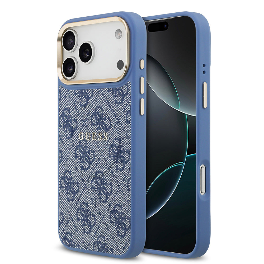 Apple iPhone 17 Pro Max Kılıf Guess M-safe Şarj Özellikli Gold Metal Kamera Çerçeveli PU Deri 4G Desen Yazı Logolu Kapak Mavi