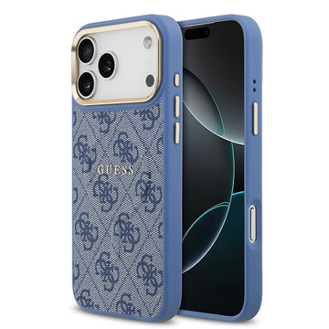 Apple iPhone 17 Pro Max Kılıf Guess M-safe Şarj Özellikli Gold Metal Kamera Çerçeveli PU Deri 4G Desen Yazı Logolu Kapak Mavi