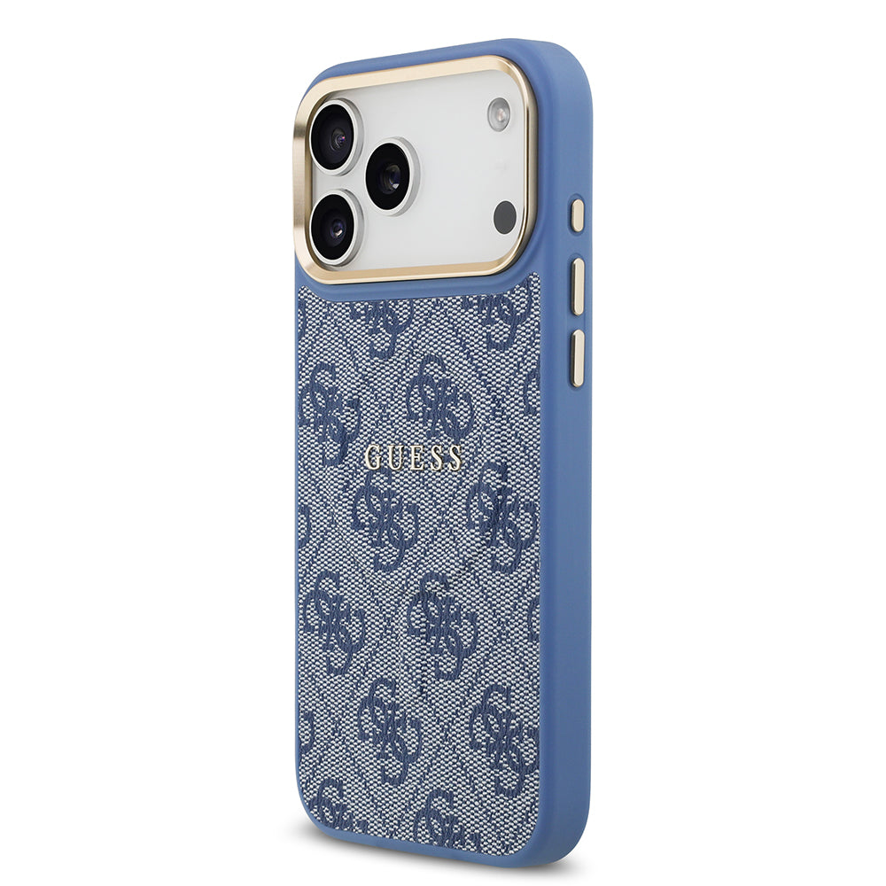 Apple iPhone 17 Pro Max Kılıf Guess M-safe Şarj Özellikli Gold Metal Kamera Çerçeveli PU Deri 4G Desen Yazı Logolu Kapak Mavi