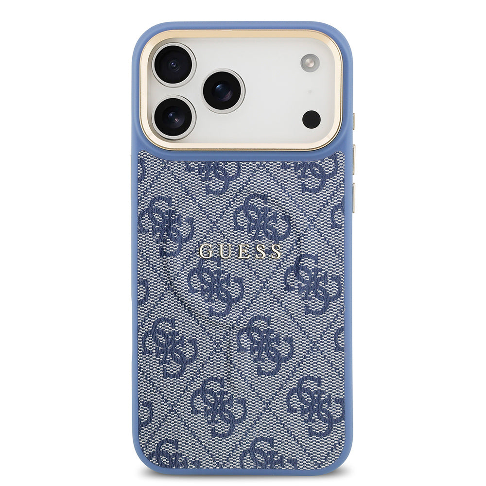 Apple iPhone 17 Pro Max Kılıf Guess M-safe Şarj Özellikli Gold Metal Kamera Çerçeveli PU Deri 4G Desen Yazı Logolu Kapak Mavi