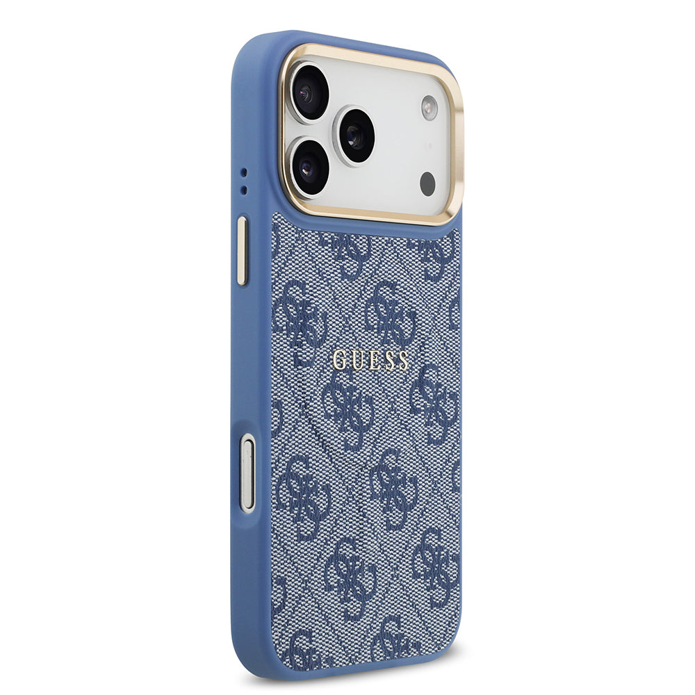 Apple iPhone 17 Pro Max Kılıf Guess M-safe Şarj Özellikli Gold Metal Kamera Çerçeveli PU Deri 4G Desen Yazı Logolu Kapak Mavi