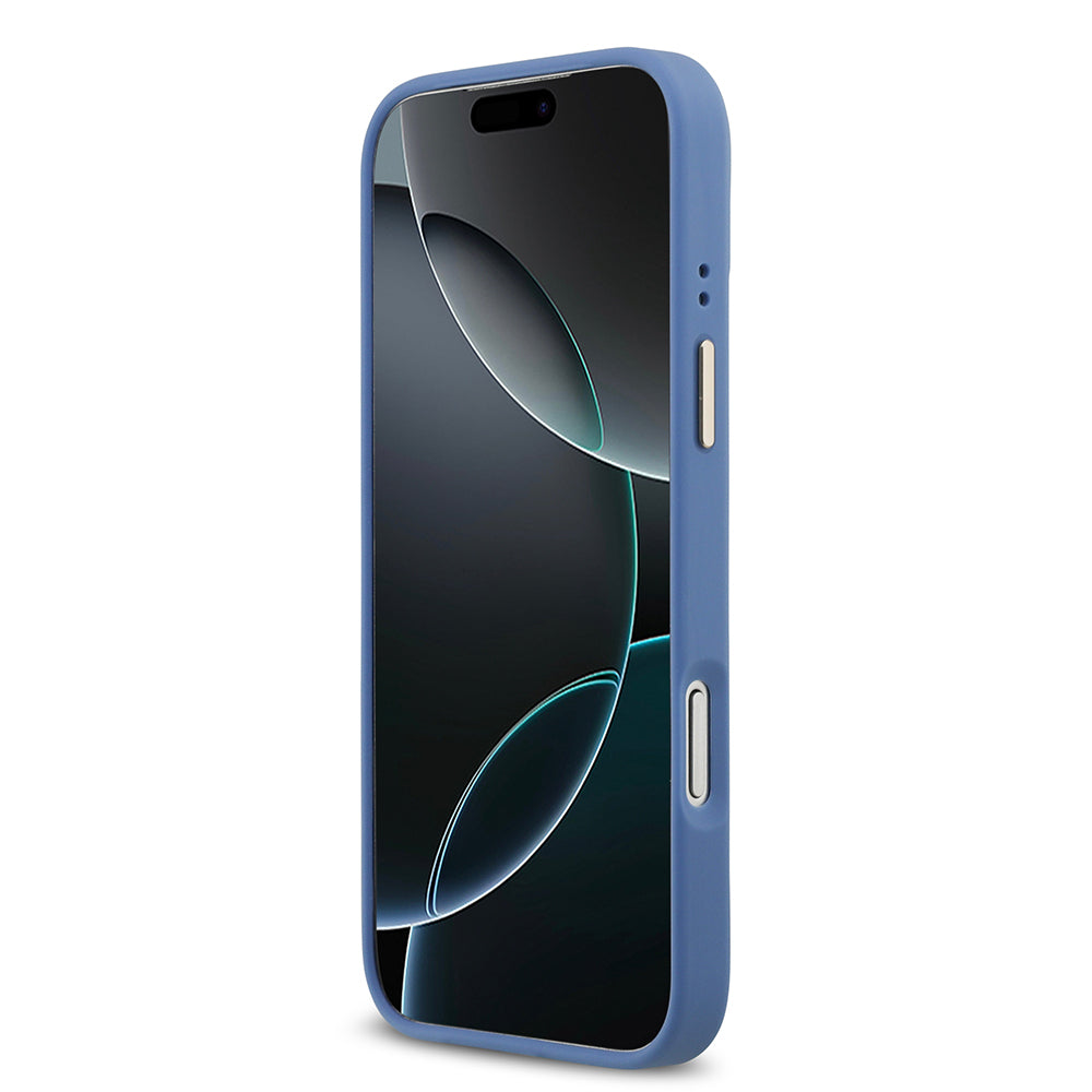 Apple iPhone 17 Pro Max Kılıf Guess M-safe Şarj Özellikli Gold Metal Kamera Çerçeveli PU Deri 4G Desen Yazı Logolu Kapak Mavi