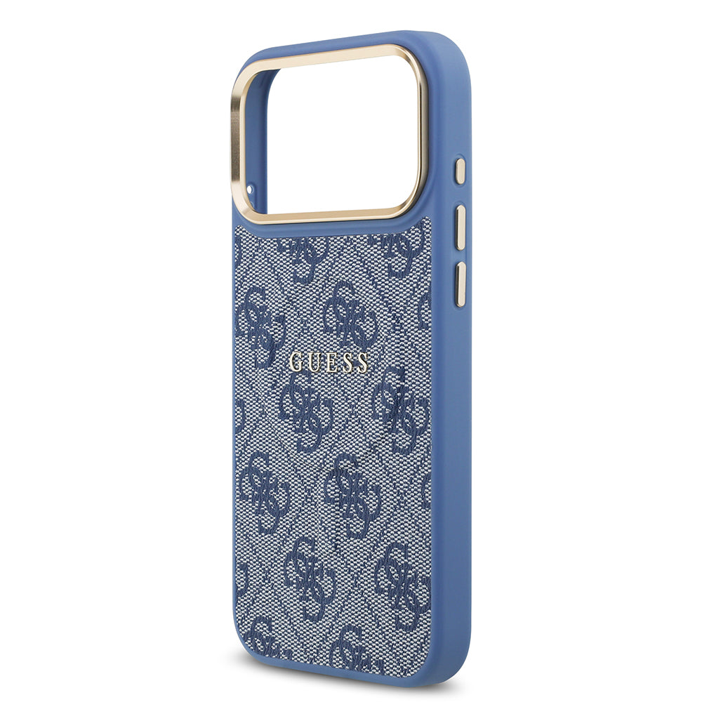 Apple iPhone 17 Pro Max Kılıf Guess M-safe Şarj Özellikli Gold Metal Kamera Çerçeveli PU Deri 4G Desen Yazı Logolu Kapak Mavi