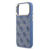 Apple iPhone 17 Pro Max Kılıf Guess M-safe Şarj Özellikli Gold Metal Kamera Çerçeveli PU Deri 4G Desen Yazı Logolu Kapak Mavi