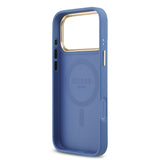 Apple iPhone 17 Pro Max Kılıf Guess M-safe Şarj Özellikli Gold Metal Kamera Çerçeveli PU Deri 4G Desen Yazı Logolu Kapak Mavi