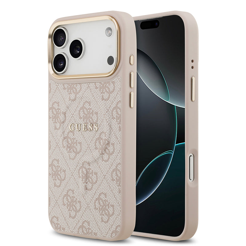 Apple iPhone 17 Pro Max Kılıf Guess M-safe Şarj Özellikli Gold Metal Kamera Çerçeveli PU Deri 4G Desen Yazı Logolu Kapak Pembe