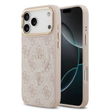 Apple iPhone 17 Pro Max Kılıf Guess M-safe Şarj Özellikli Gold Metal Kamera Çerçeveli PU Deri 4G Desen Yazı Logolu Kapak Pembe