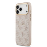 Apple iPhone 17 Pro Max Kılıf Guess M-safe Şarj Özellikli Gold Metal Kamera Çerçeveli PU Deri 4G Desen Yazı Logolu Kapak Pembe