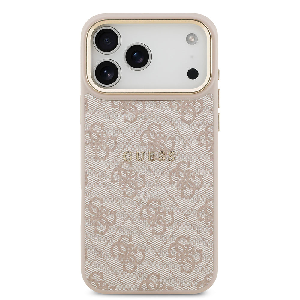 Apple iPhone 17 Pro Max Kılıf Guess M-safe Şarj Özellikli Gold Metal Kamera Çerçeveli PU Deri 4G Desen Yazı Logolu Kapak Pembe