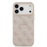 Apple iPhone 17 Pro Max Kılıf Guess M-safe Şarj Özellikli Gold Metal Kamera Çerçeveli PU Deri 4G Desen Yazı Logolu Kapak Pembe