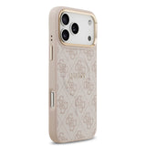 Apple iPhone 17 Pro Max Kılıf Guess M-safe Şarj Özellikli Gold Metal Kamera Çerçeveli PU Deri 4G Desen Yazı Logolu Kapak Pembe