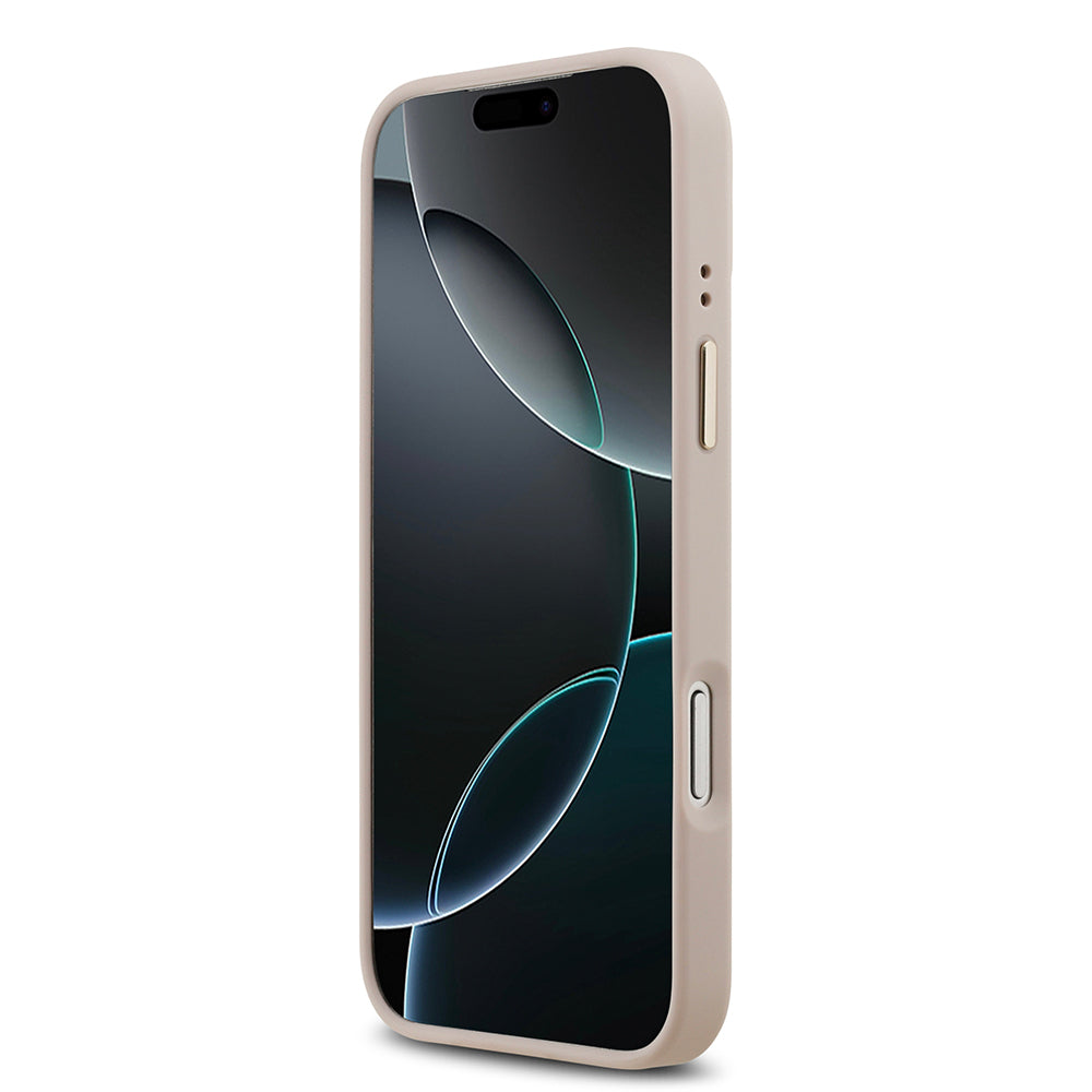 Apple iPhone 17 Pro Max Kılıf Guess M-safe Şarj Özellikli Gold Metal Kamera Çerçeveli PU Deri 4G Desen Yazı Logolu Kapak Pembe