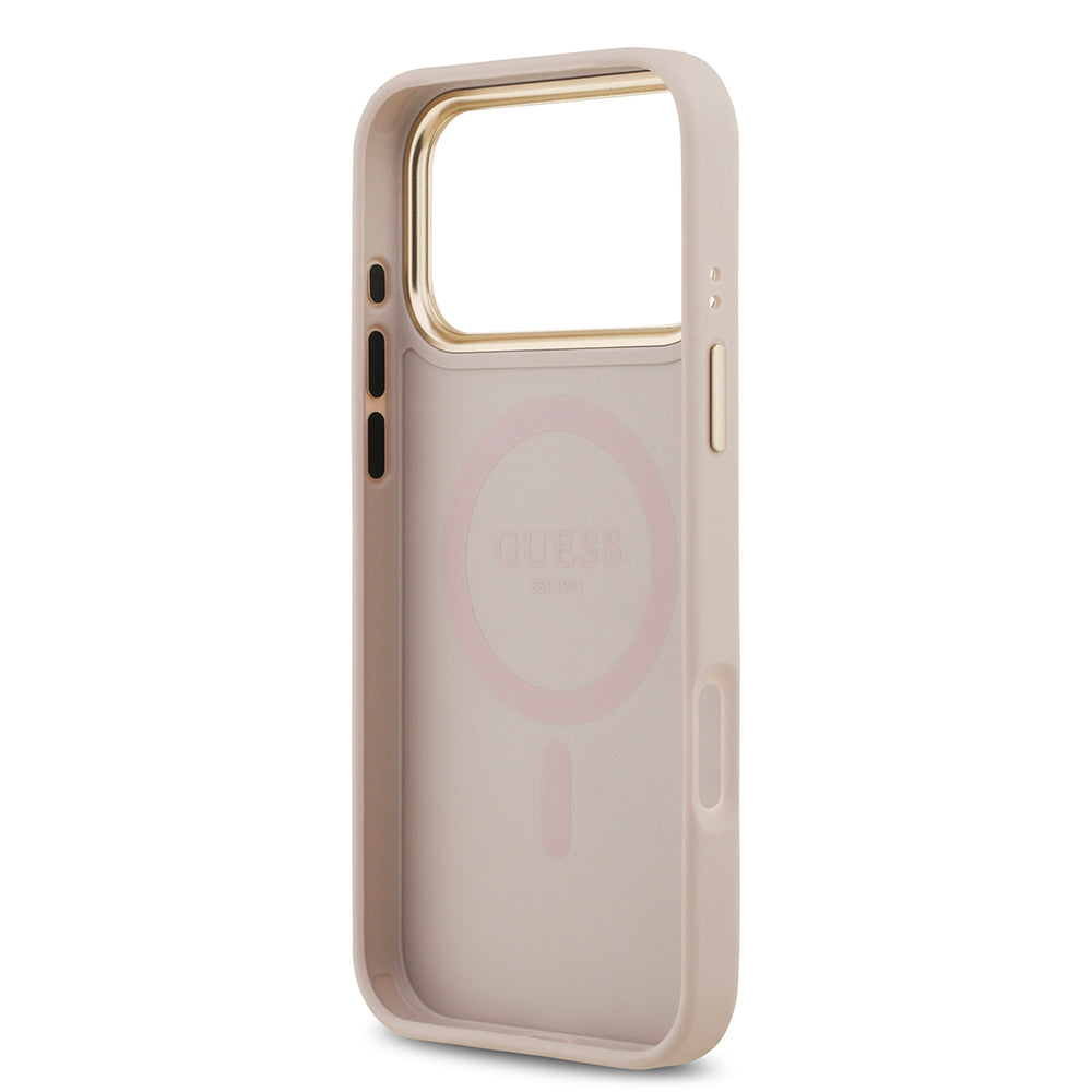 Apple iPhone 17 Pro Max Kılıf Guess M-safe Şarj Özellikli Gold Metal Kamera Çerçeveli PU Deri 4G Desen Yazı Logolu Kapak Pembe