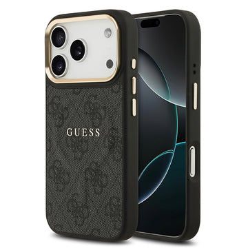 Apple iPhone 17 Pro Kılıf Guess M-safe Şarj Özellikli Gold Metal Kamera Çerçeveli PU Deri 4G Desen Yazı Logolu Kapak Siyah