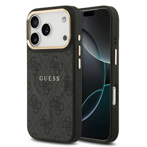 Apple iPhone 17 Pro Kılıf Guess M-safe Şarj Özellikli Gold Metal Kamera Çerçeveli PU Deri 4G Desen Yazı Logolu Kapak Siyah