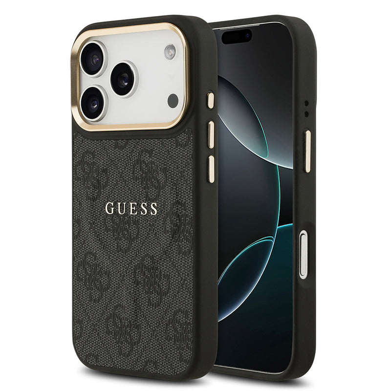 Apple iPhone 17 Pro Max Kılıf Guess M-safe Şarj Özellikli Gold Metal Kamera Çerçeveli PU Deri 4G Desen Yazı Logolu Kapak Siyah