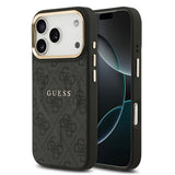 Apple iPhone 17 Pro Kılıf Guess M-safe Şarj Özellikli Gold Metal Kamera Çerçeveli PU Deri 4G Desen Yazı Logolu Kapak Siyah