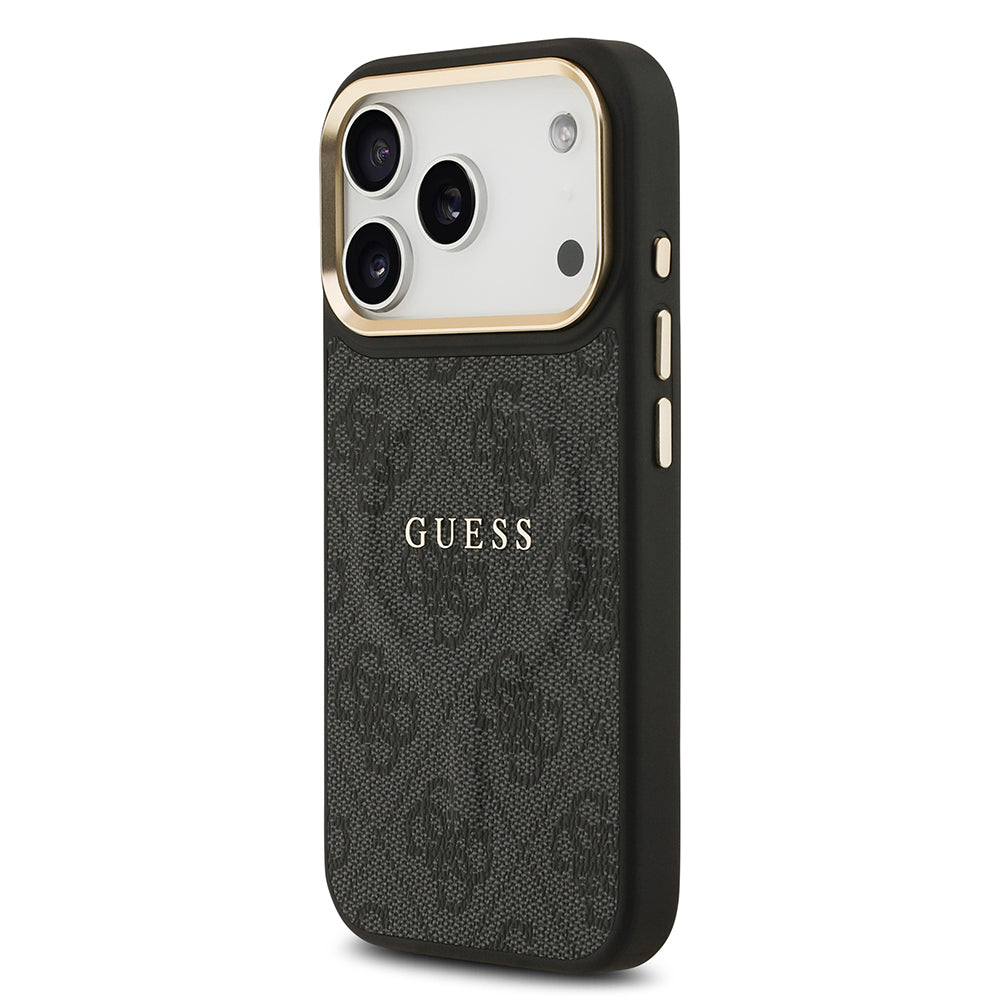 Apple iPhone 17 Pro Kılıf Guess M-safe Şarj Özellikli Gold Metal Kamera Çerçeveli PU Deri 4G Desen Yazı Logolu Kapak Siyah