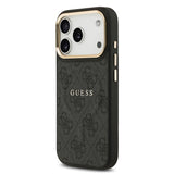 Apple iPhone 17 Pro Kılıf Guess M-safe Şarj Özellikli Gold Metal Kamera Çerçeveli PU Deri 4G Desen Yazı Logolu Kapak Siyah