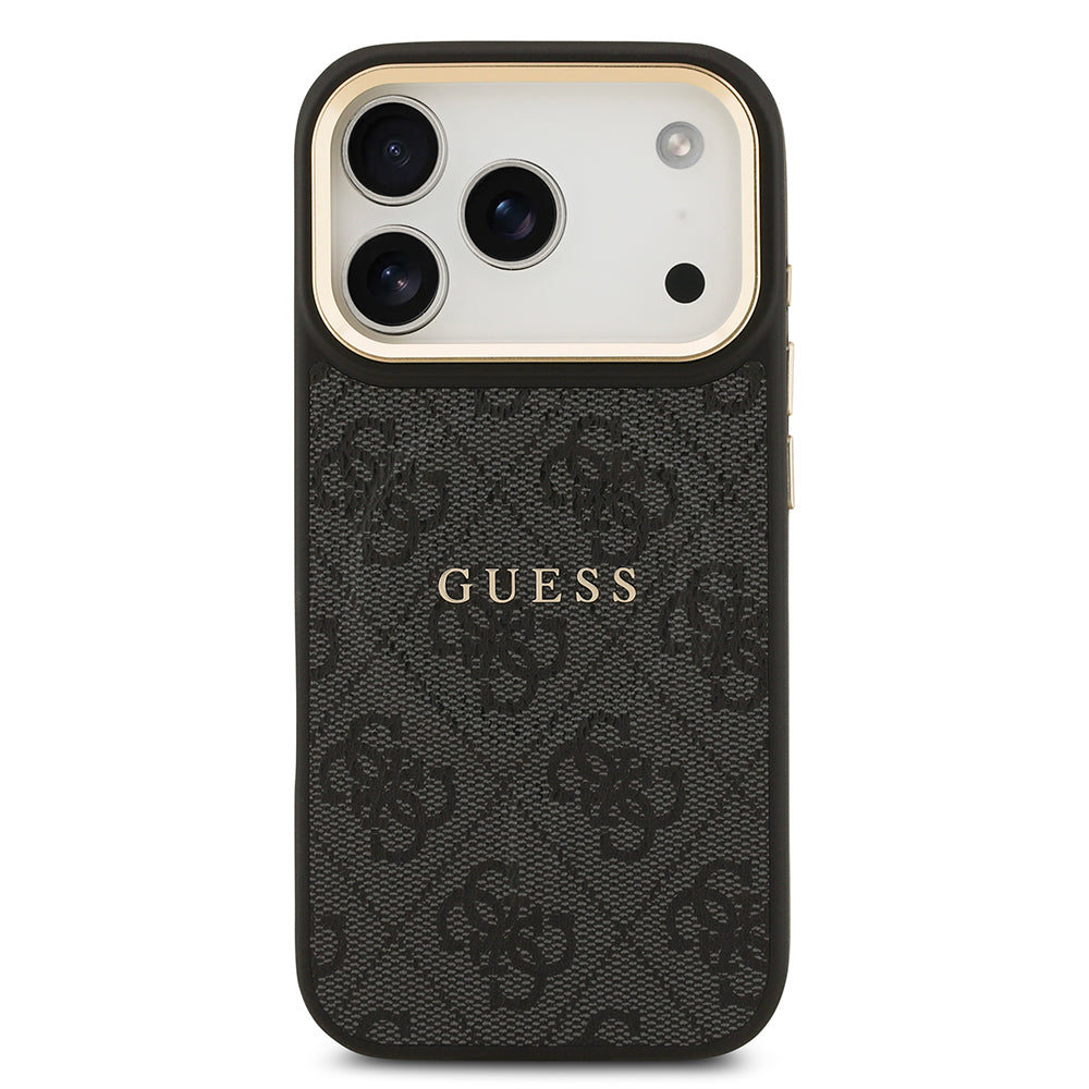 Apple iPhone 17 Pro Kılıf Guess M-safe Şarj Özellikli Gold Metal Kamera Çerçeveli PU Deri 4G Desen Yazı Logolu Kapak Siyah