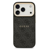 Apple iPhone 17 Pro Kılıf Guess M-safe Şarj Özellikli Gold Metal Kamera Çerçeveli PU Deri 4G Desen Yazı Logolu Kapak Siyah