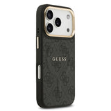 Apple iPhone 17 Pro Kılıf Guess M-safe Şarj Özellikli Gold Metal Kamera Çerçeveli PU Deri 4G Desen Yazı Logolu Kapak Siyah