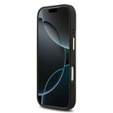 Apple iPhone 17 Pro Kılıf Guess M-safe Şarj Özellikli Gold Metal Kamera Çerçeveli PU Deri 4G Desen Yazı Logolu Kapak Siyah