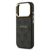 Apple iPhone 17 Pro Kılıf Guess M-safe Şarj Özellikli Gold Metal Kamera Çerçeveli PU Deri 4G Desen Yazı Logolu Kapak Siyah