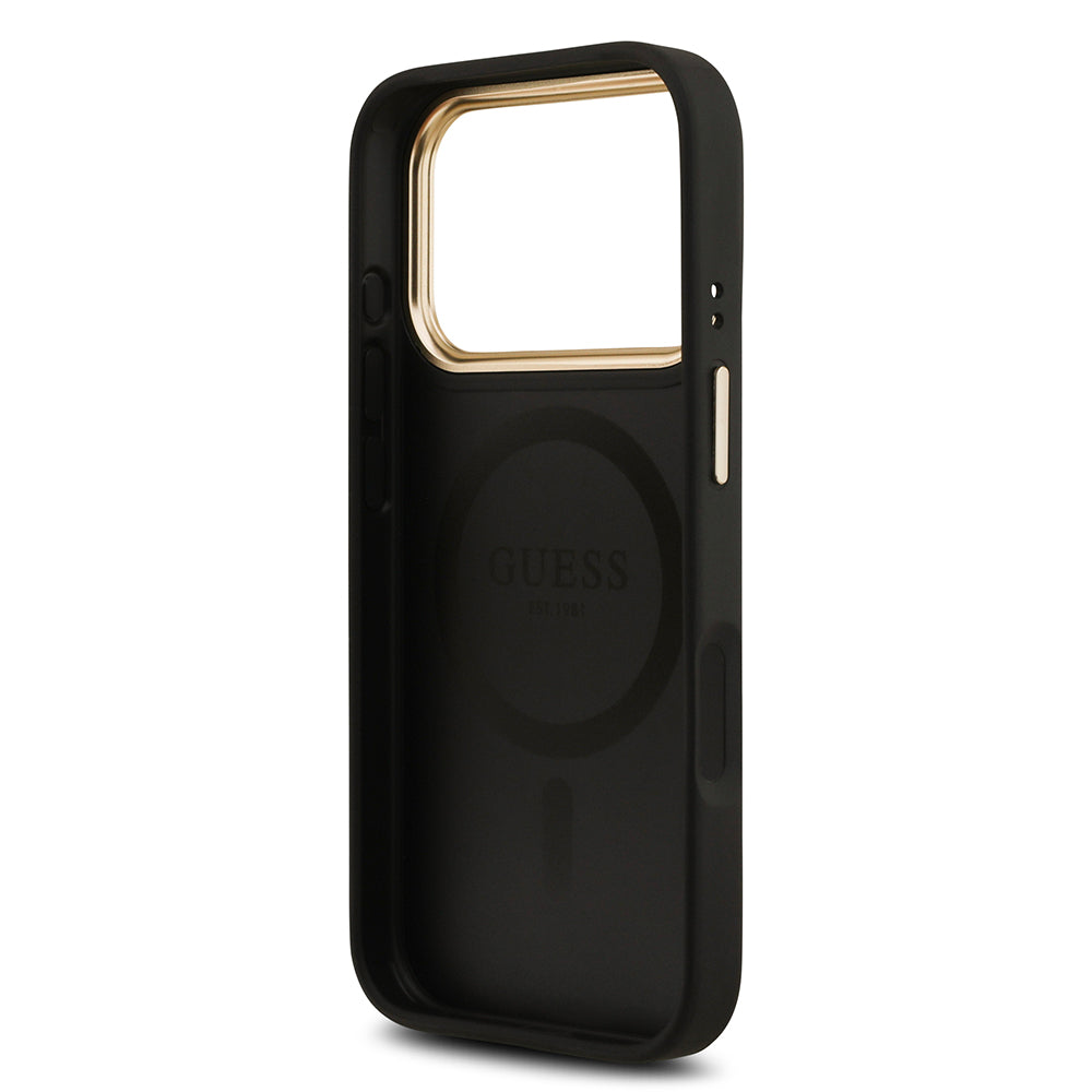 Apple iPhone 17 Pro Kılıf Guess M-safe Şarj Özellikli Gold Metal Kamera Çerçeveli PU Deri 4G Desen Yazı Logolu Kapak Siyah