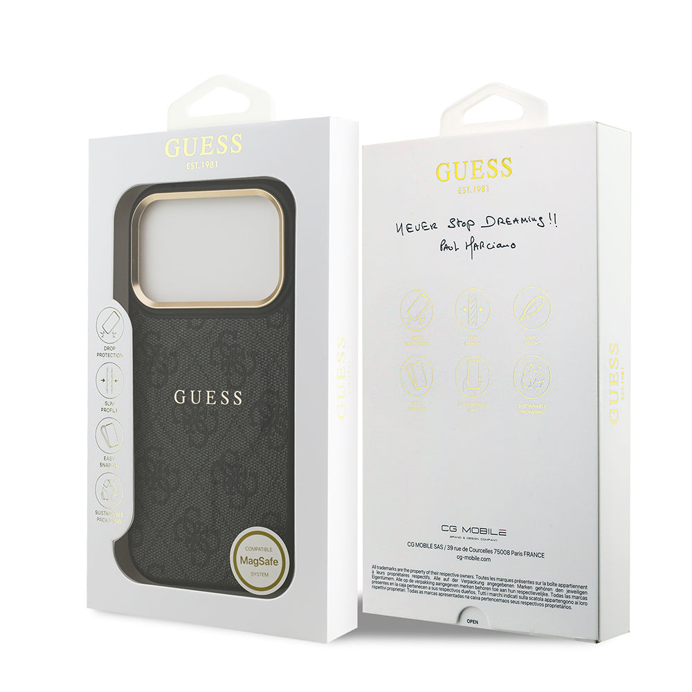 Apple iPhone 17 Pro Kılıf Guess M-safe Şarj Özellikli Gold Metal Kamera Çerçeveli PU Deri 4G Desen Yazı Logolu Kapak Siyah