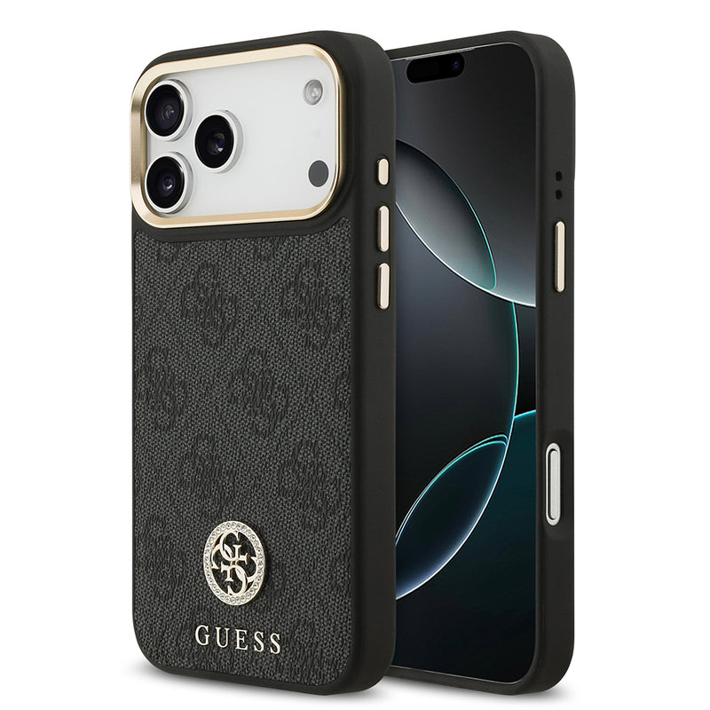 Apple iPhone 17 Pro Max Kılıf Guess M-safe Şarj Özellikli Gold Metal Kamera Çerçeveli Taşlı 4G Logolu Kapak Siyah
