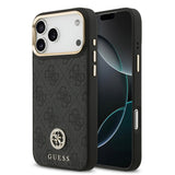 Apple iPhone 17 Pro Max Kılıf Guess M-safe Şarj Özellikli Gold Metal Kamera Çerçeveli Taşlı 4G Logolu Kapak Siyah