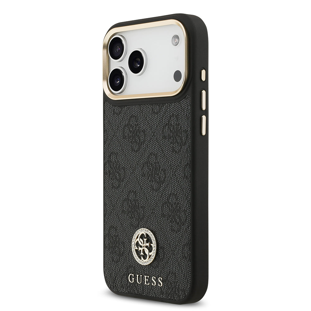 Apple iPhone 17 Pro Max Kılıf Guess M-safe Şarj Özellikli Gold Metal Kamera Çerçeveli Taşlı 4G Logolu Kapak Siyah