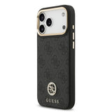 Apple iPhone 17 Pro Max Kılıf Guess M-safe Şarj Özellikli Gold Metal Kamera Çerçeveli Taşlı 4G Logolu Kapak Siyah