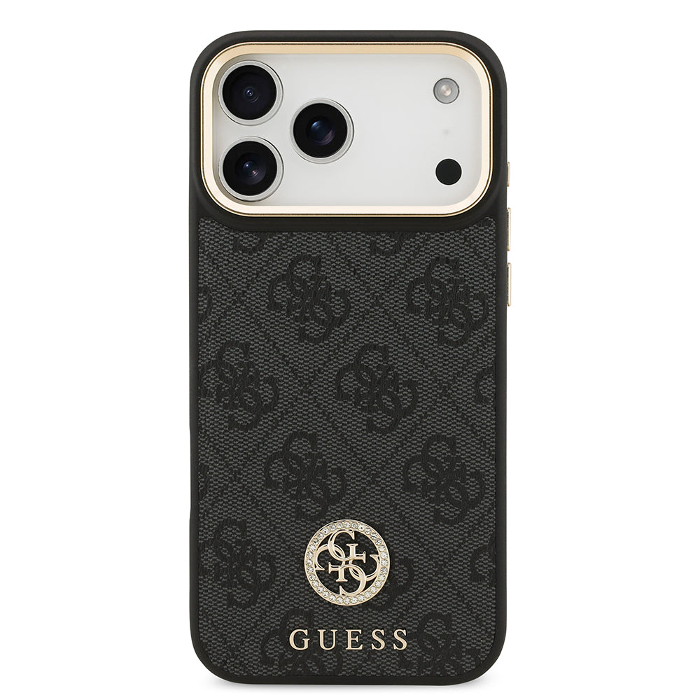 Apple iPhone 17 Pro Max Kılıf Guess M-safe Şarj Özellikli Gold Metal Kamera Çerçeveli Taşlı 4G Logolu Kapak Siyah