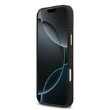 Apple iPhone 17 Pro Max Kılıf Guess M-safe Şarj Özellikli Gold Metal Kamera Çerçeveli Taşlı 4G Logolu Kapak Siyah