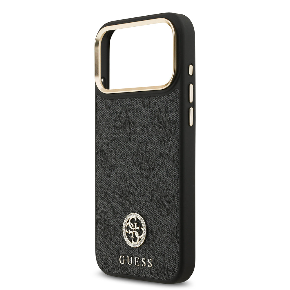 Apple iPhone 17 Pro Max Kılıf Guess M-safe Şarj Özellikli Gold Metal Kamera Çerçeveli Taşlı 4G Logolu Kapak Siyah