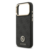 Apple iPhone 17 Pro Max Kılıf Guess M-safe Şarj Özellikli Gold Metal Kamera Çerçeveli Taşlı 4G Logolu Kapak Siyah