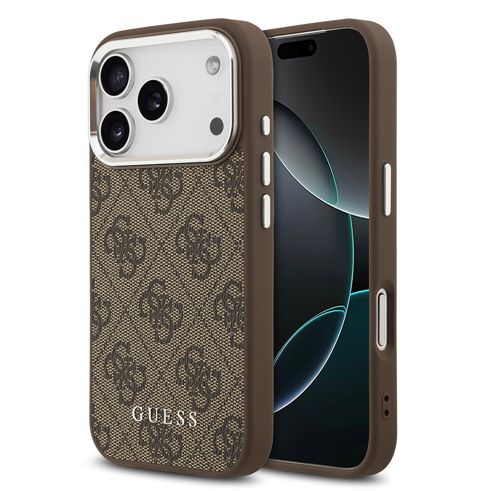 Apple iPhone 17 Pro Max Kılıf Guess M-safe Şarj Özellikli Gümüş Çerçeve ve Butonlu Klasik Yazı Logolu Kapak Kahverengi